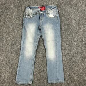 Red Rivet Womens Stretch Embroidered Button Flap Pockets Denim Jeans Blue Size 3